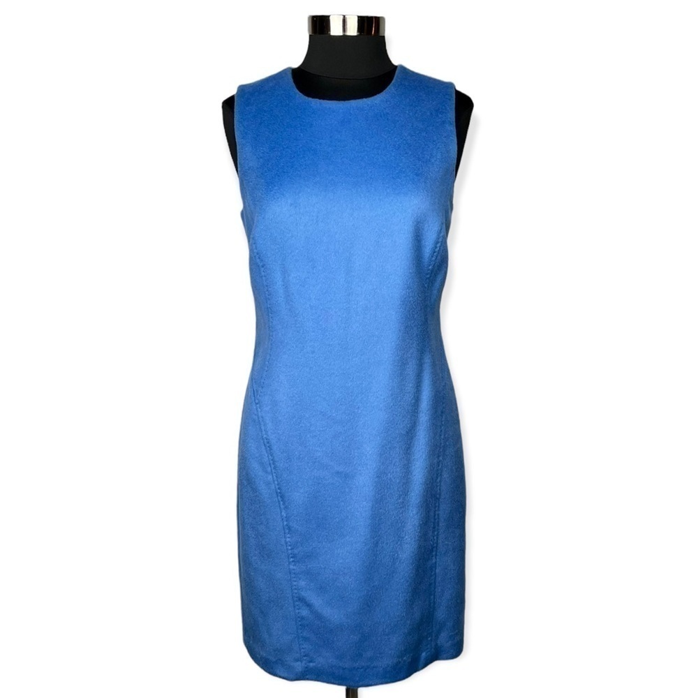 J. MCLAUGHLIN BLUE WOOL CASHMERE SLEEVELESS VISIBLE STITCH SHEATH DRESS - Picture 2 of 14